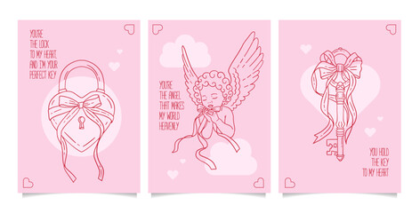 Love covers set. Happy Valentines Day cards with Coquettish girly doodle hand drawn romantic elements with bows and ribbons knot. Invitation abstract design in line art style. Vector illustration.