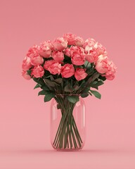Obraz premium Valentine's Day Elegant Bouquet of Pink Roses in Glass Vase on Pink Background Romantic Floral Arrangement