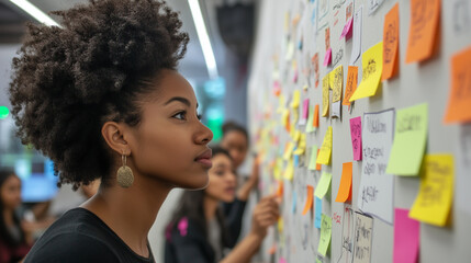 Young african american businesswoman looking at colorful sticky notes on a whiteboard during a team brainstorming session