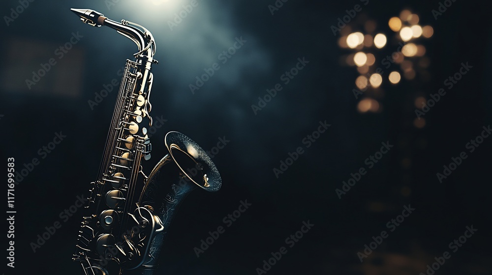 Aufkleber Close-up of a saxophone on a dark background with bokeh lights.