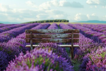 A serene wooden bench set amidst vibrant lavender fields under a blue sky, inviting relaxation and peace.