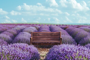 A serene wooden bench surrounded by vibrant lavender fields under a clear blue sky, perfect for relaxation.
