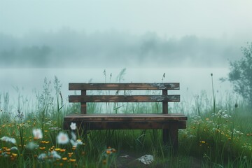 Obraz premium A serene wooden bench surrounded by wildflowers and mist, overlooking a tranquil lake in the early morning light.