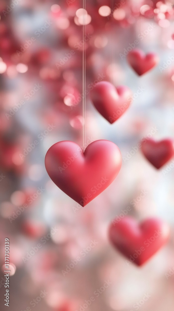 Poster Red hearts hanging from strings on a blurred background creating a romantic atmosphere for Valentine's Day