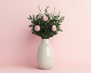 Fototapeta premium Valentine's Day Elegant Pink Roses and White Flowers in a Modern Vase Against a Pink Wall