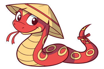 Create a vibrant and colorful illustration of a cute and cartoonish snake with a glossy red body featuring golden circular patterns. The snake should have large, expressive eyes and a cheerful smile, 