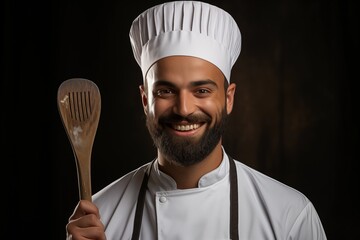 A smiling chef joyfully holding a wooden spatula, ready to create delicious culinary masterpieces.