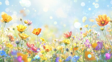 Colorful flower meadow with sunbeams and bokeh lights in summer - nature background banner with copy space - summer greeting card wildflowers spring concept