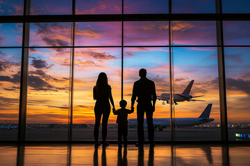 Family watching a plane take off at sunset from the airport window with vibrant sky colors