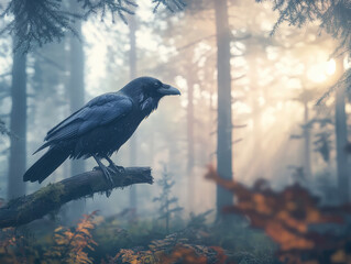 Raven Perched on a Branch in a Misty Forest at Dawn Capturing the Serene Beauty of Nature