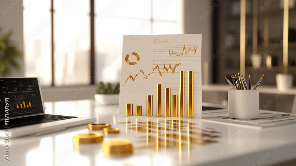 Poster golden bar graph and coins on a modern office desk with laptop and charts.