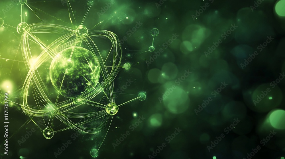 Poster abstract green atom model with orbiting electrons on dark background.