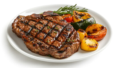 BBQ Steak. Barbecue Grilled Beef Steak Meat with Vegetables. Healthy Food. Barbeque Steak Dinner