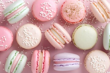 Fototapeta premium Pastel-colored macarons with decorative sprinkles arranged on a pink background, assorted sweet confections, flat lay food photography for dessert and celebration concept