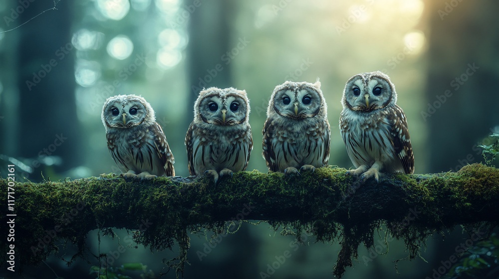 Poster four cute owls perched on a mossy branch in a forest, sunlight filtering through trees.