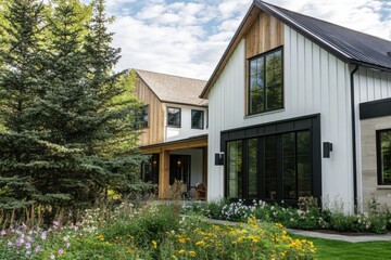 Beautiful modern house surrounded by lush greenery and vibrant flowers in a serene neighborhood during the day under a partly cloudy sky