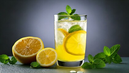 Fototapeta premium Lemon juice cocktail with mint leaves on a dark background
