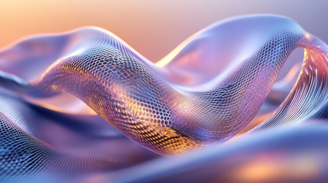 Abstract digital art: iridescent, woven mesh flows in a dynamic, wave-like pattern.