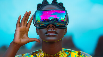 A Black woman wearing a colorful VR headset, reaching out to touch a virtual reality landscape, in a futuristic fashion style with metallic and holographic materials, against a blue background