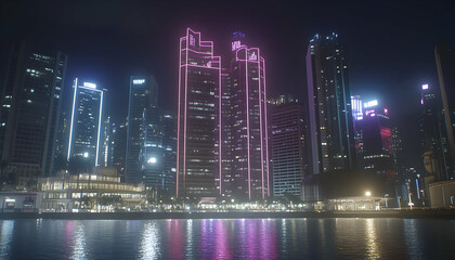 Naklejka premium Night cityscape of illuminated skyscrapers reflected in calm water, modern architecture, urban scene.