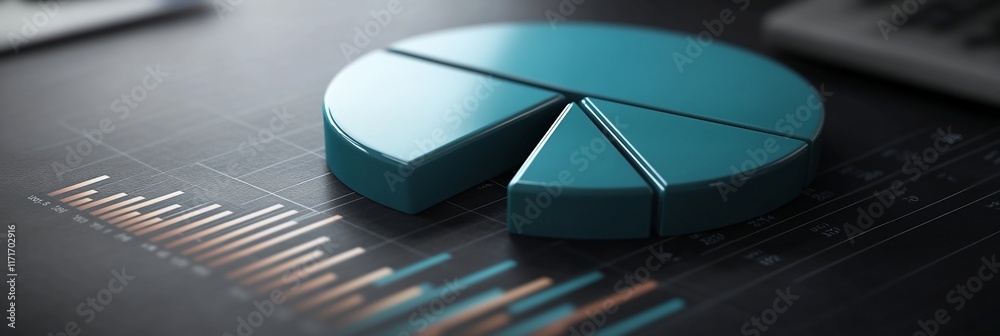 Poster 3D pie chart on a dark background showing data analysis and business performance.