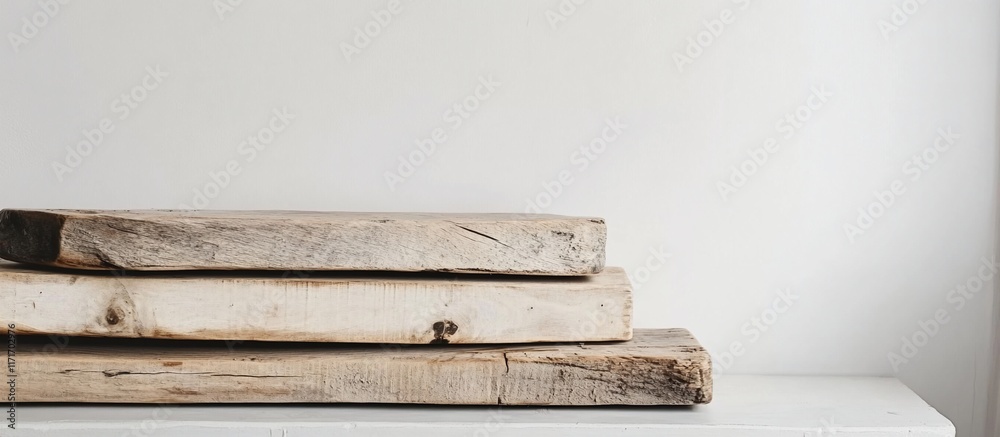 Poster stack of three rustic wooden boards on white surface.
