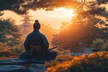 Obraz premium Samurai meditating at sunrise with pagoda view