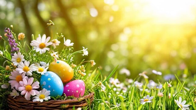 easter eggs in the grass, spring flowers and warm sunlight