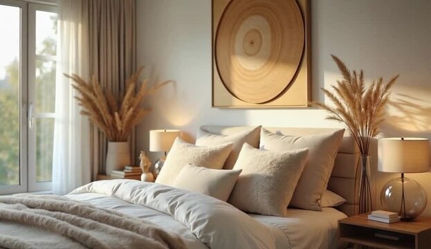 4K video of an 18th-century vintage bedroom with a four-poster bed, floral wallpapers, and a classic wooden dressing table.
