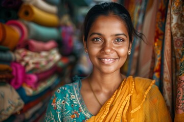 Obraz premium A smiling young woman in vibrant traditional attire stands confidently in a colorful textile shop.