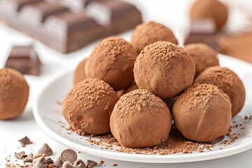 Chocolate truffles coated in cocoa powder arranged on a white plate with scattered chocolate chips, closeup dessert photography, gourmet and sweet treat concept

