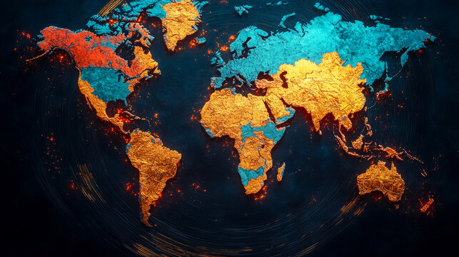 Exploration of geopolitical landscapes through a vibrant, hyper-realistic depiction of a world map highlighting regional dynamics and historical influences