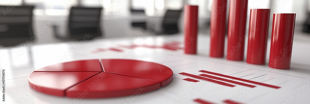 Poster Red 3D pie chart and bar graph on white table.