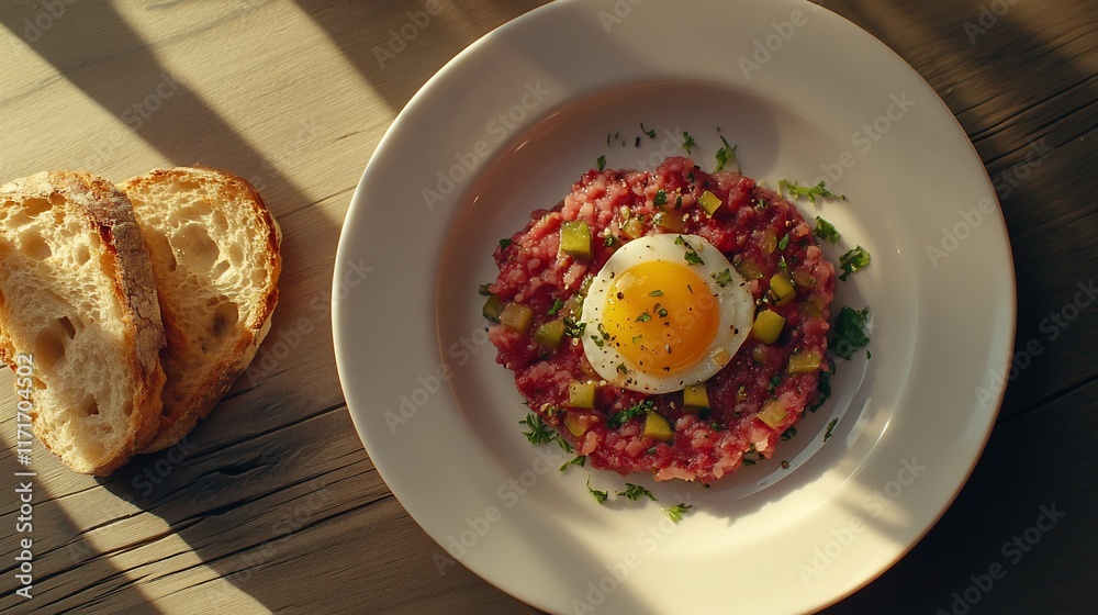 Poster top view of beef tartar with fried egg and bread on wooden table.