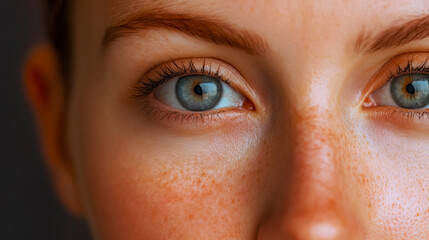 Fototapeta premium Intimate closeup captures the beauty and detail of a woman's expressive eyes, revealing her unique features and natural radiance against a softly blurred background