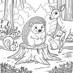 A coloring book page of a baby hedgehog in a woodland setting. The hedgehog is sitting on a tree stump. There are other forest creatures around: a squirrel, a rabbit, and a deer.
