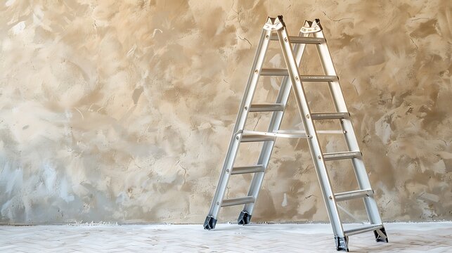 Metallic folding ladder and painting tools near beige wall indoors. Repair and construction concept