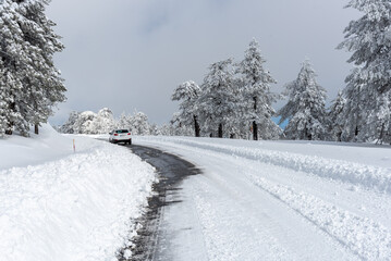 Obraz premium Frozen snowy icy dangerous in the mountain in winter. Troodos forest Cyprus