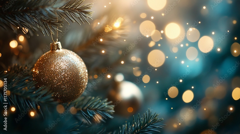 Poster golden christmas ornament hanging on a decorated evergreen tree branch with bokeh lights.