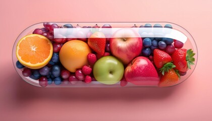 A fruit capsule concept blending fresh berries, apples, and oranges encased in a clear transparent pill shape