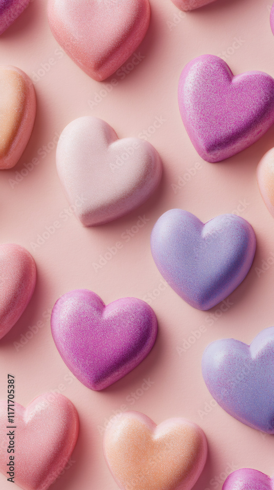 Poster Heart-shaped objects with pastel shiny finish forming repeating pattern against pink background, symbolizing romantic holiday design