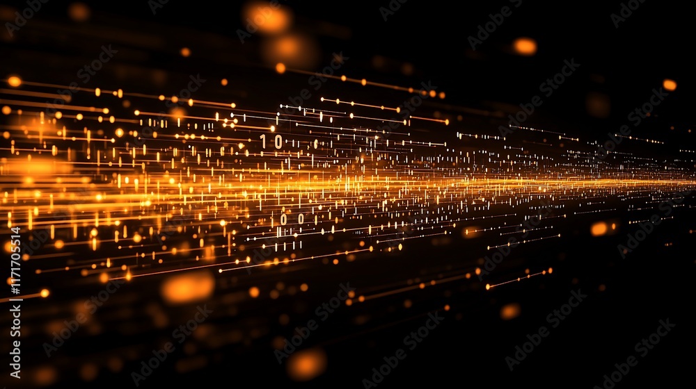 Poster Abstract glowing digital data streams and binary code in motion.