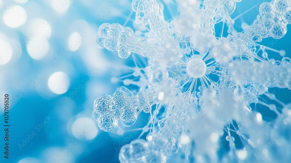 Aufkleber close-up of a delicate, transparent snowflake against a blurred blue background with bokeh lights.