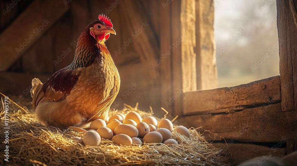 Poster hen sitting on a pile of eggs in a rustic barn with sunlight streaming through a window.