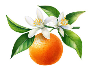 Orange fruit branch with blossom watercolor illustration isolated on a white background 