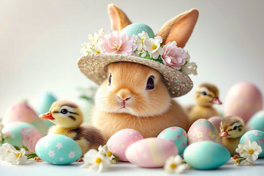 A bunny wearing a hat with flowers and eggs around it