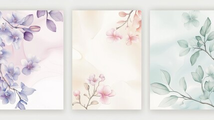 Spring season floral square cover template. Set of banner design with flowers, leaves and branch in line art pattern. Watercolor blossom for social media post, internet, ads, business.