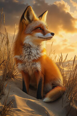 A red fox sitting in the sand in the desert at sunset