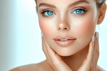 Obraz premium Portrait of young woman, glowing skin, natural makeup, vibrant eyes, soft lighting, floral background, ethereal beauty, delicate features, feminine, dreamy atmosphere, gentle touch, serene expression,