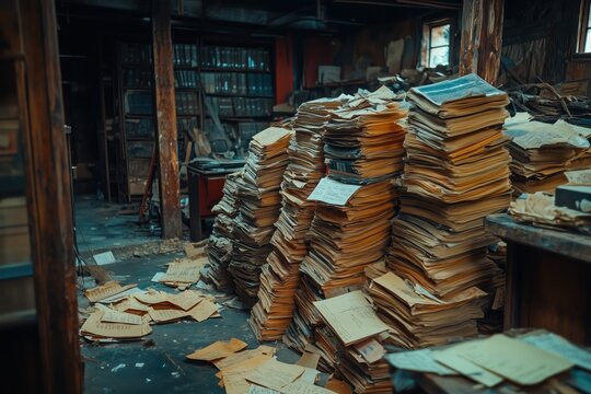 Abandoned archive room with stacks of old documents